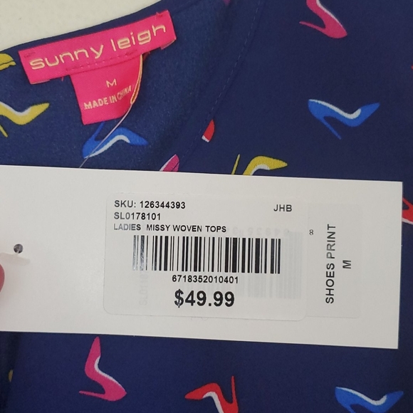 NWT Sunny Leigh Navy High Heels Print Sleeveless Top M - Picture 8 of 13